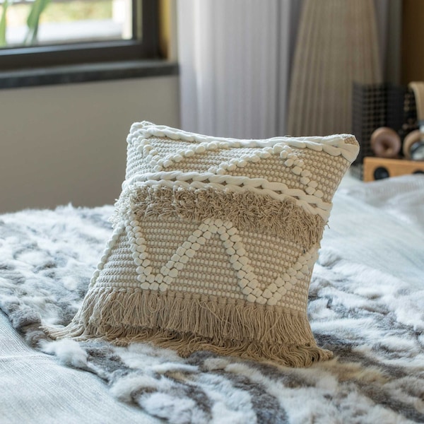 16 Handwoven Cotton Throw Pillow Cover With White Dot Pattern And Natural Tassel Fringe Lines